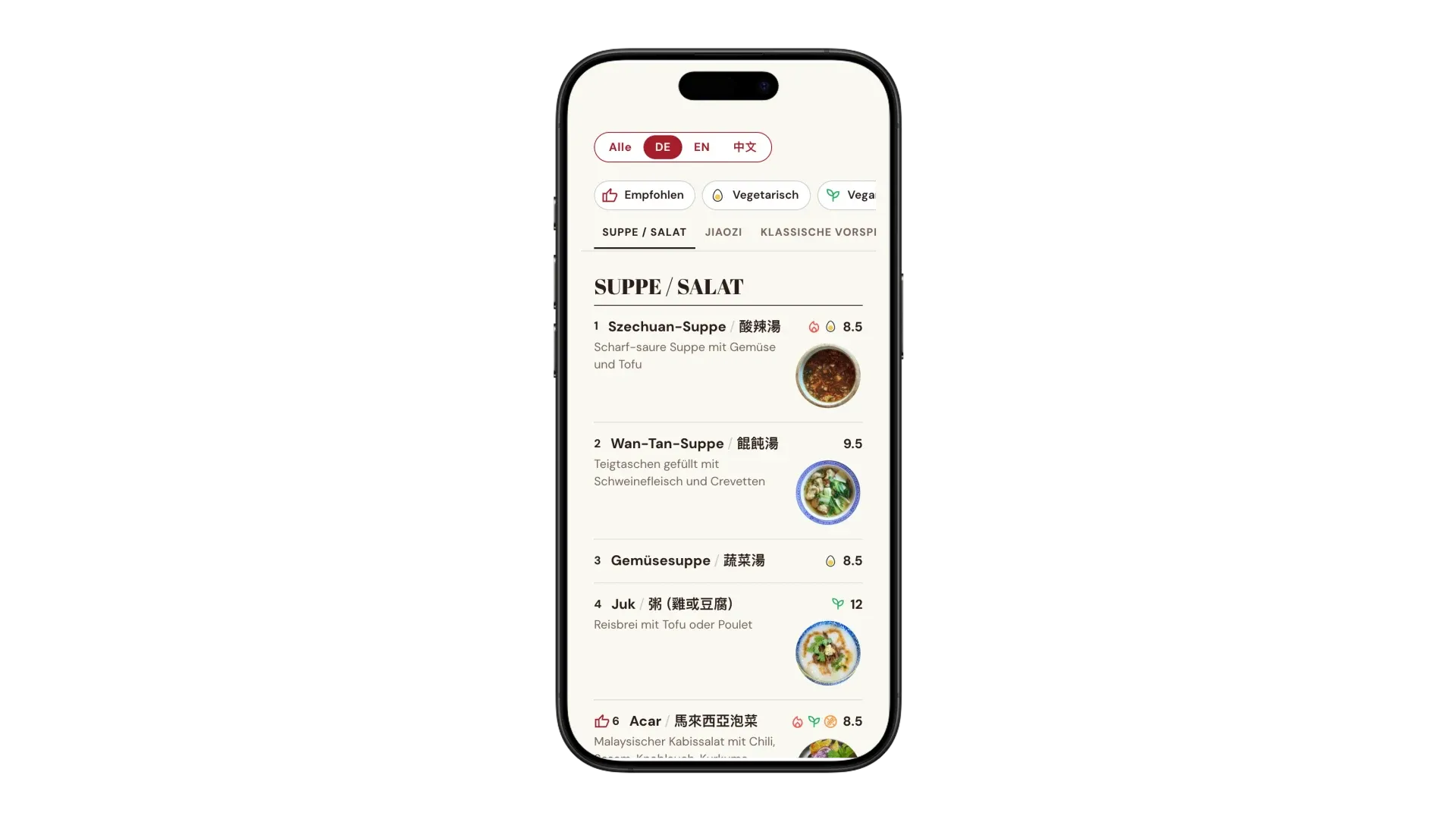 A Fatt's menu on afatt.ch, on a phone: one menu, filtered by language and diet.
