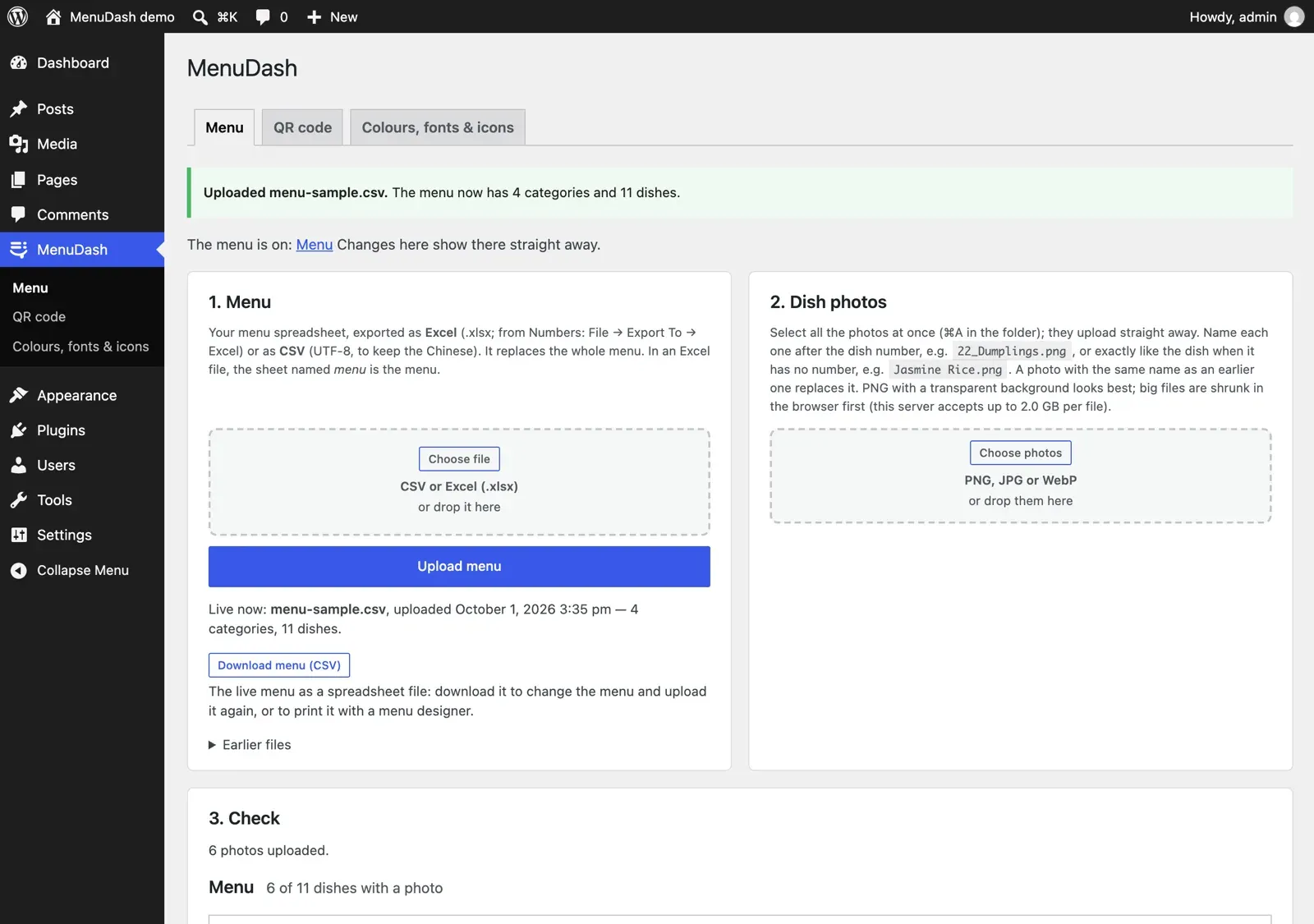 The owner's side: the MenuDash page in the WordPress dashboard after an upload, on the sample menu.