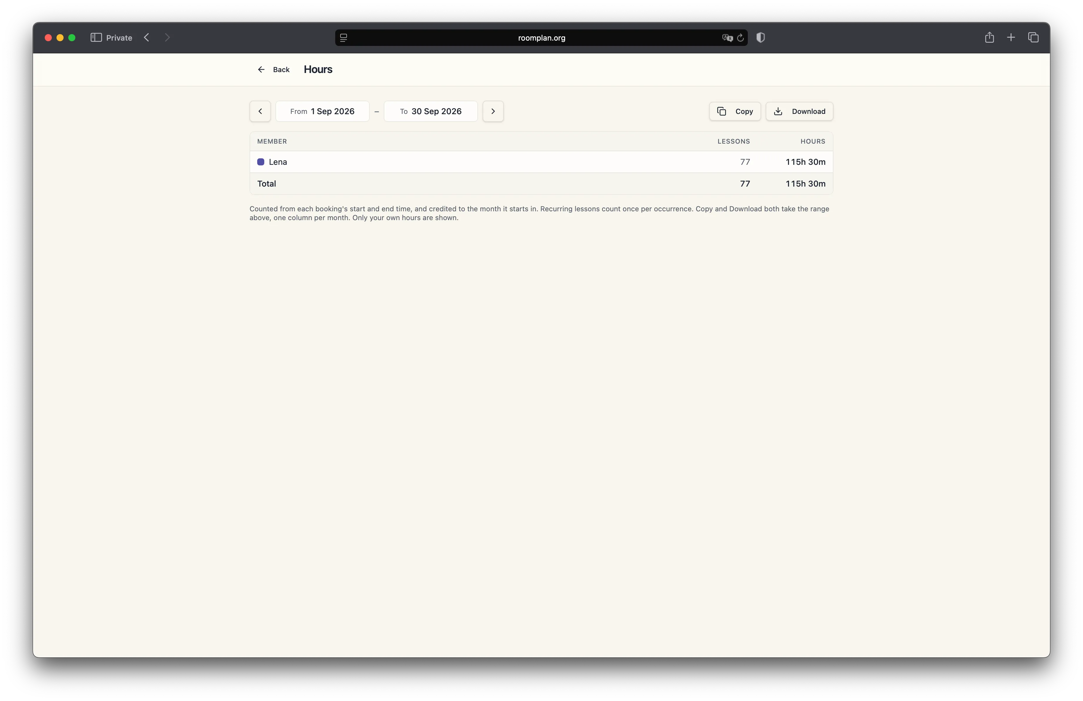 Hours report — member view