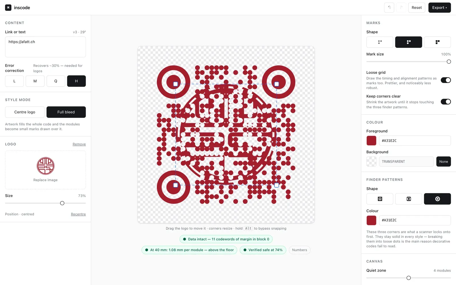 The flyer's code in inscode: A Fatt's seal across the whole code, and still verified. Data intact, the module size above the floor at print size, and the logo verified safe.