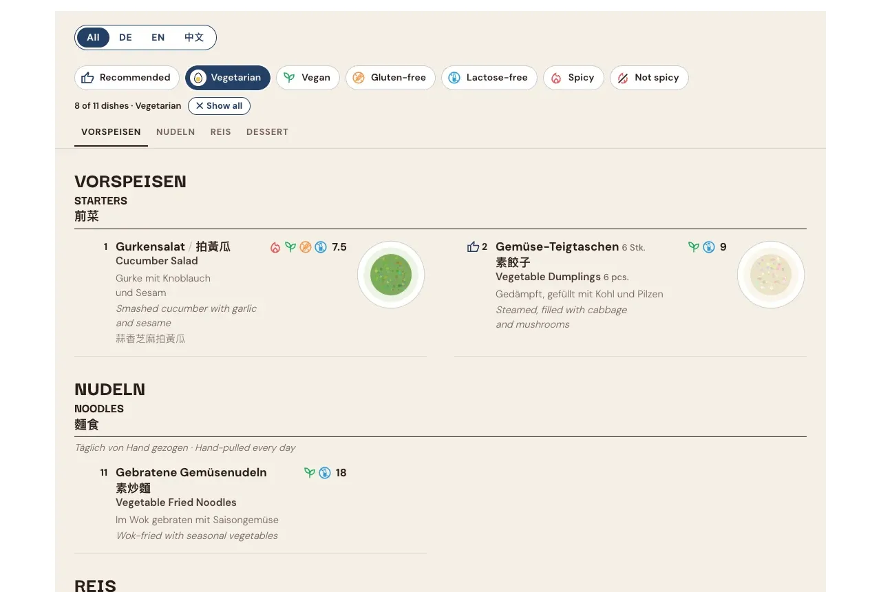 The sample menu on a desktop: all three languages at once, the diet filters with Vegetarian turned on (“8 of 11 dishes · Vegetarian” and a Show all button), the category tabs. Placeholder photos.