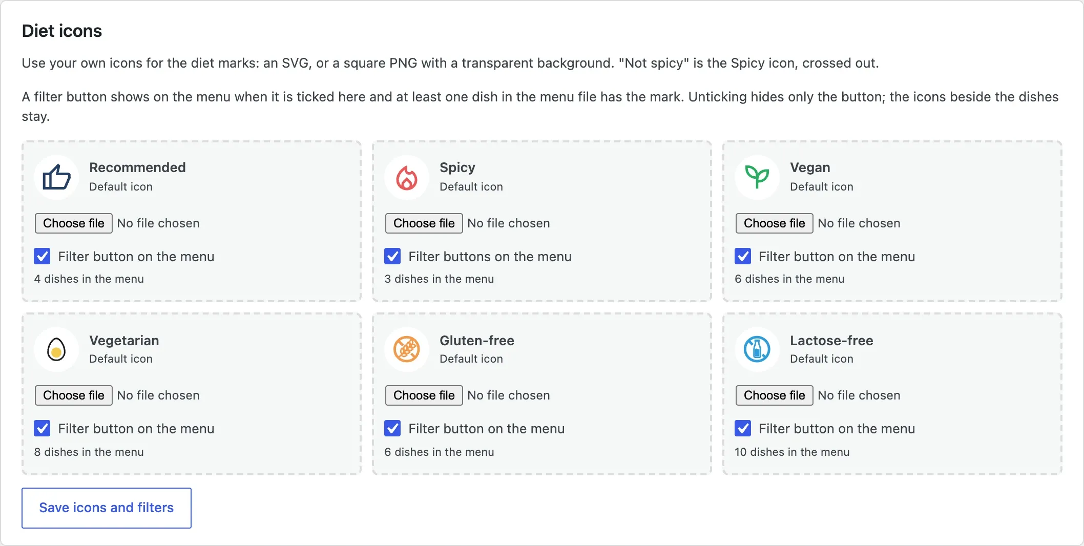 The diet icons on the owner's side, on the sample menu: each mark with its icon, a filter button that can be switched off, and how many dishes have it.