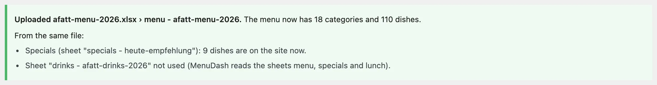 The report after uploading A Fatt's own Excel workbook, on the local test site: the menu sheet becomes the menu (18 categories, 110 dishes), the specials sheet goes to today's specials, and the drinks sheet is reported as not used.