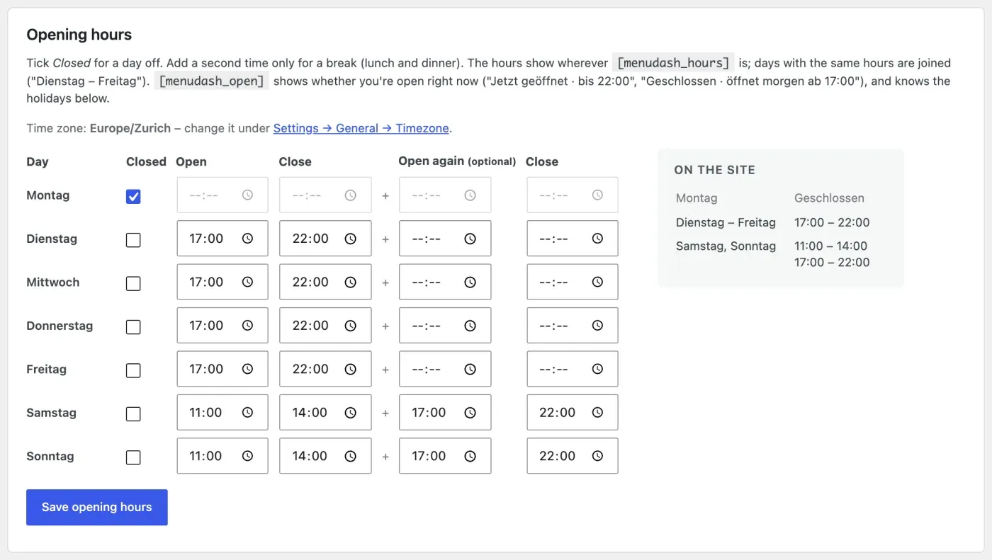 Opening hours in the Restaurant add-on, with the joined days on the right as guests will see them.