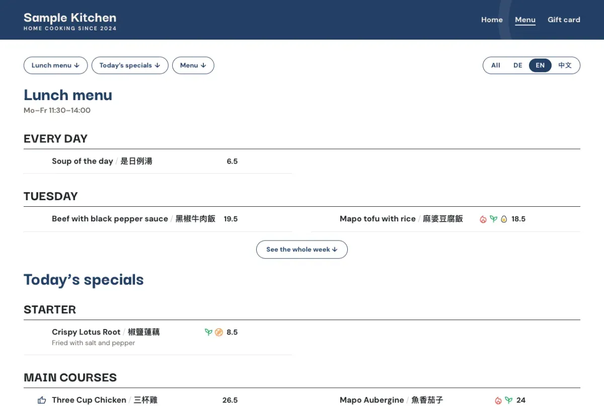 The menu page in the public MenuDash Theme, with sample data: the lunch menu and today's specials above the menu, and one language switch for all of it.