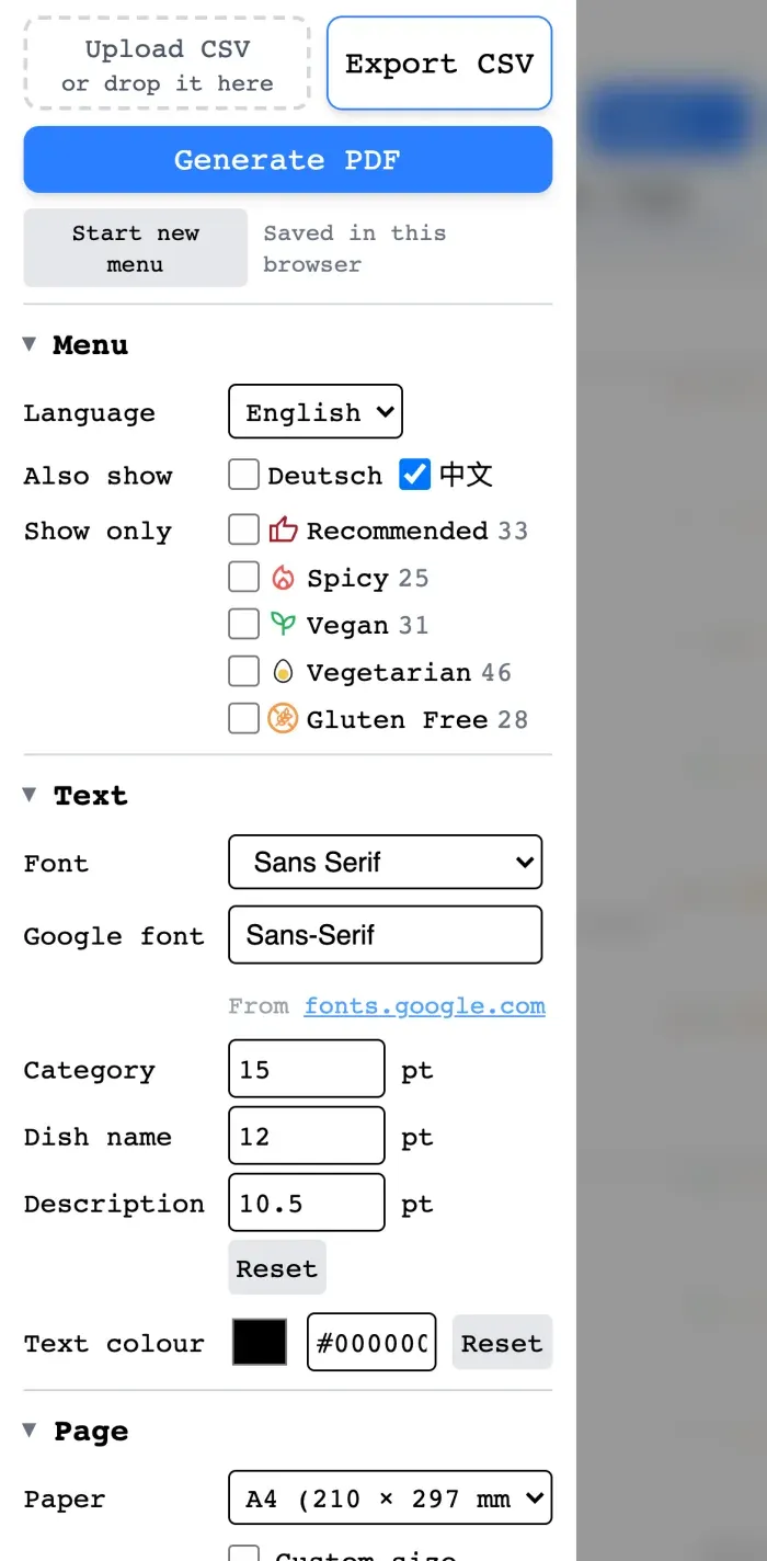 The controls on a phone: upload, export, the saved draft, and the language and diet filters, before the menu itself.