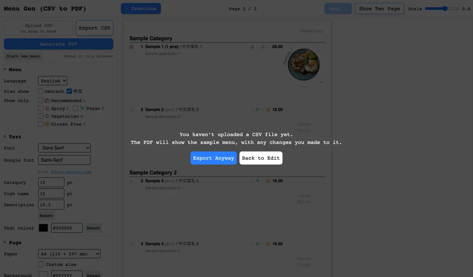 Exporting before uploading a menu: MenuGen asks first.