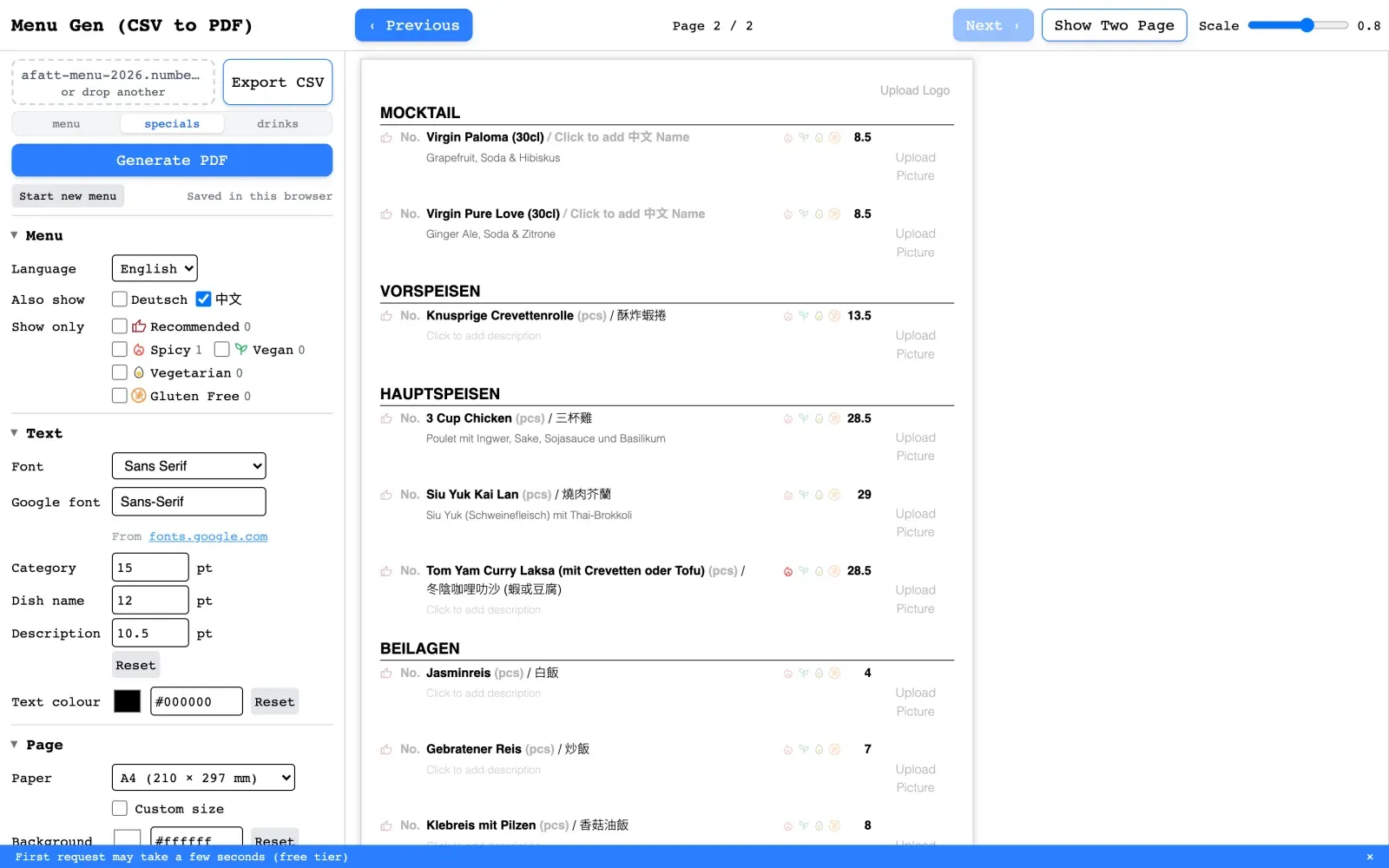 The specials sheet from the same workbook, one tap away: its own categories, and the diet counts follow the sheet.