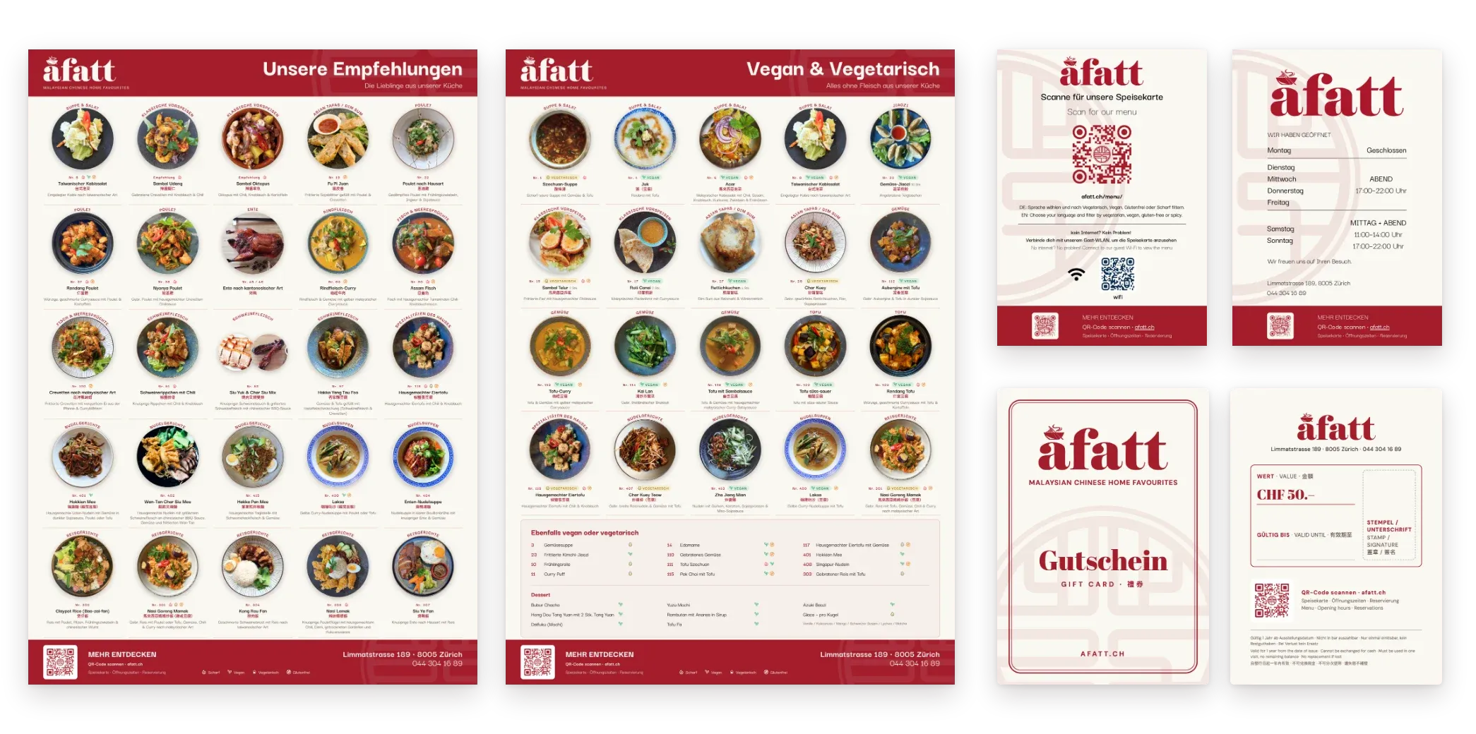 The 2026 print work: the two A2 posters, the signs for the door and the tables, and the gift card, front and back.